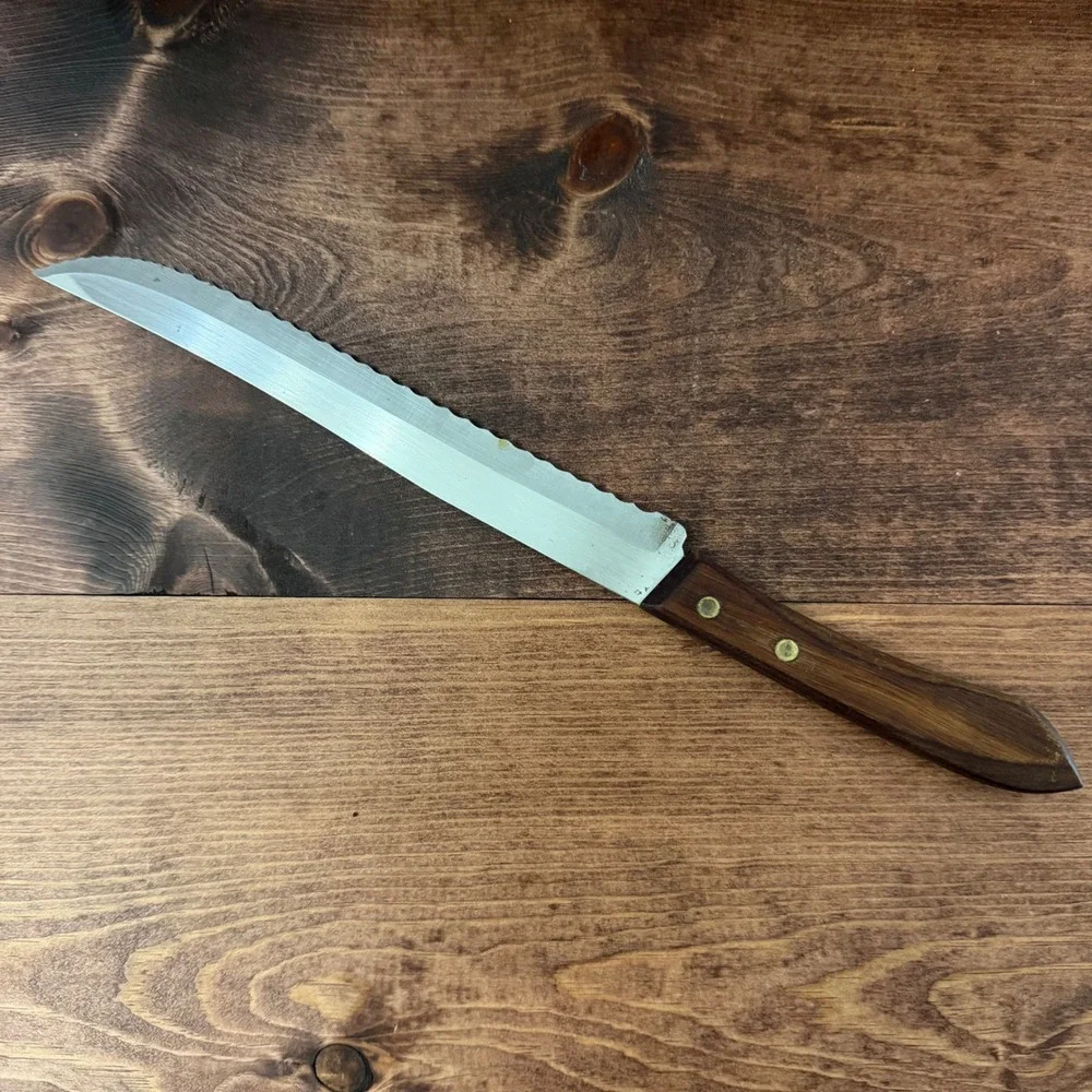 VTG Ekco Stainless USA Serrated Utility/Bread Knife Wood Handle Brass Rivets